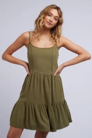 Savanna Washed Khaki Strappy Tiered Mini Dress