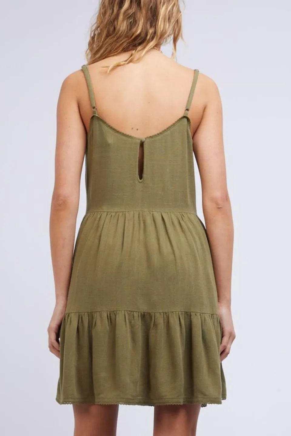 Savanna Washed Khaki Strappy Tiered Mini Dress