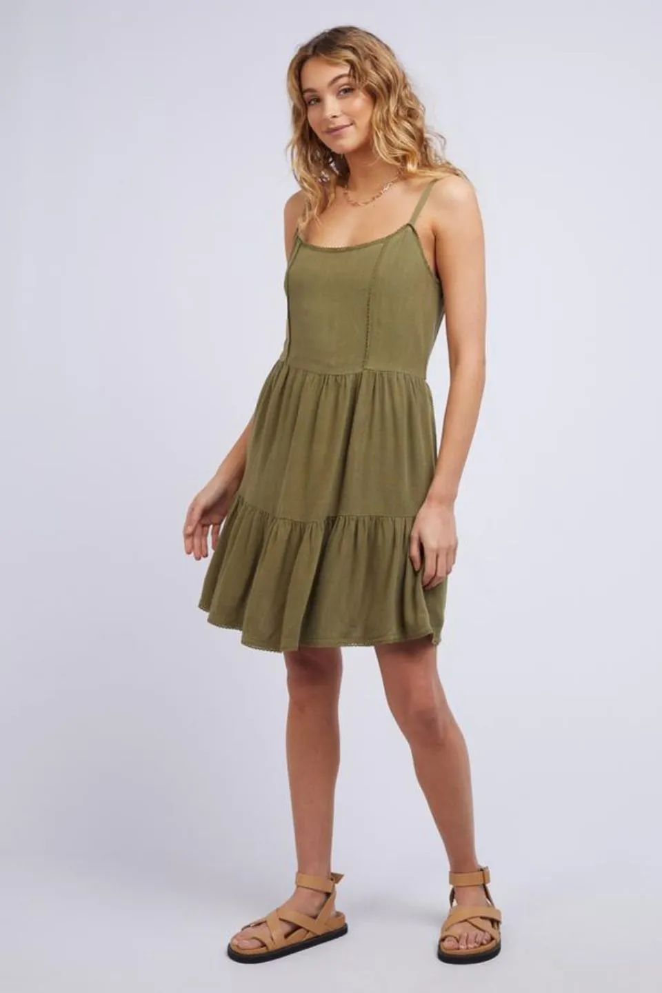 Savanna Washed Khaki Strappy Tiered Mini Dress