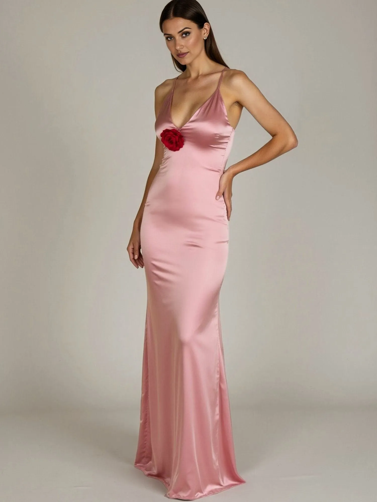 Sleeveless Rosette Satin Long Dress