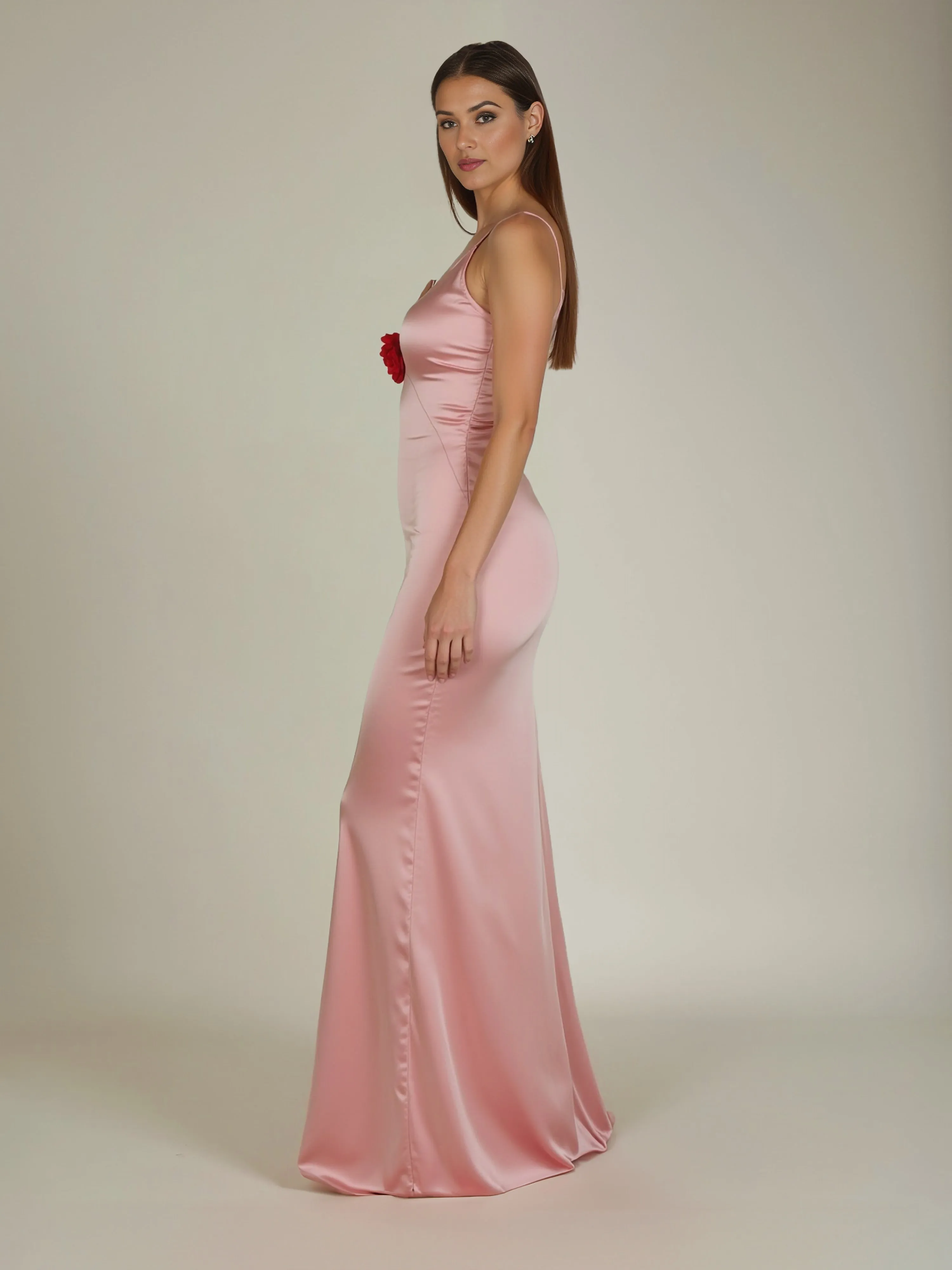 Sleeveless Rosette Satin Long Dress