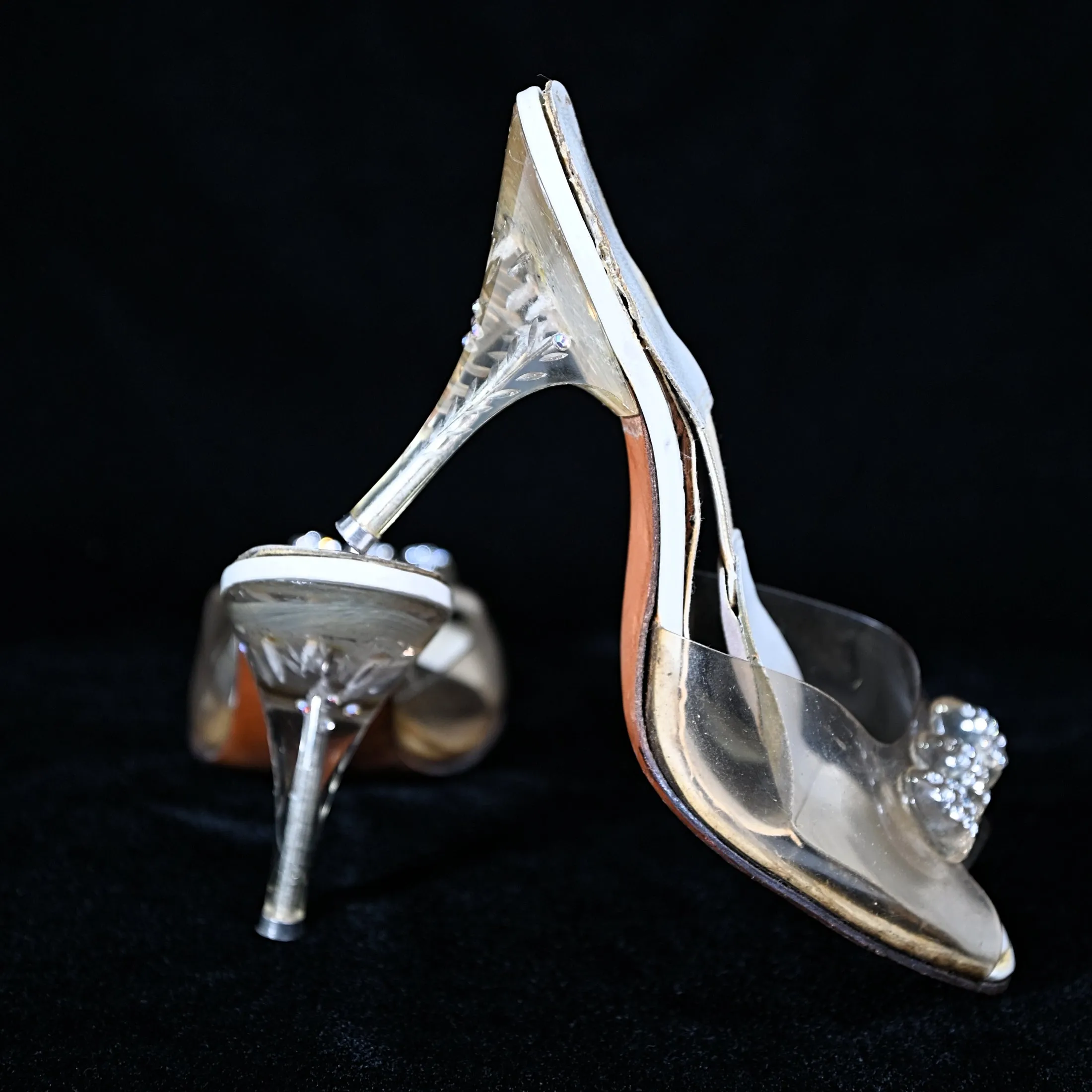 SOLD Vintage 50s Clear Vinyl & Rhinestone Carved Lucite Heels, Spring-o-lators Peep Toe Mules, Pin Up for Study