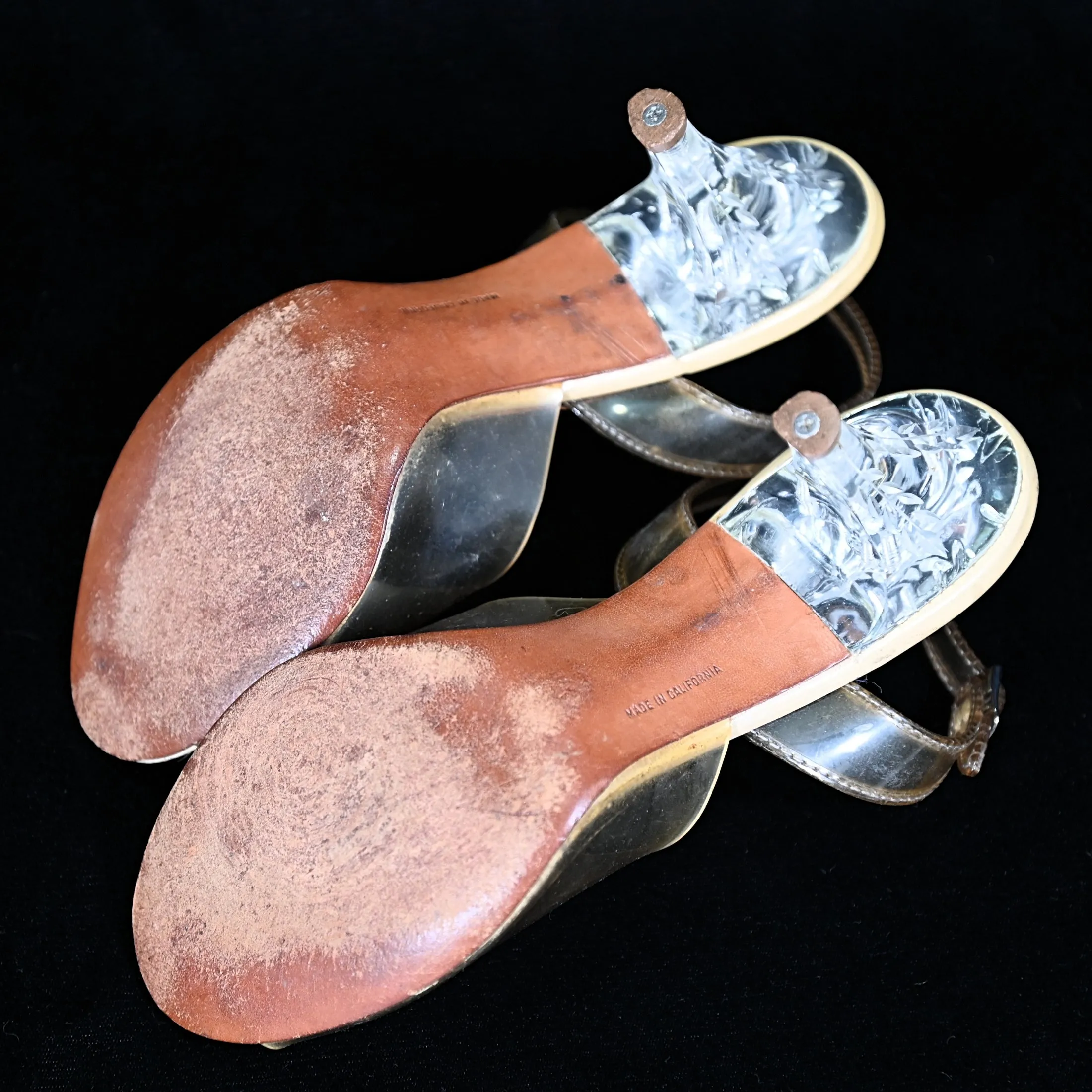 SOLD Vintage 50s Clear Vinyl & Rhinestone Carved Lucite Heels, Spring-o-lators Peep Toe Mules, Pin Up for Study