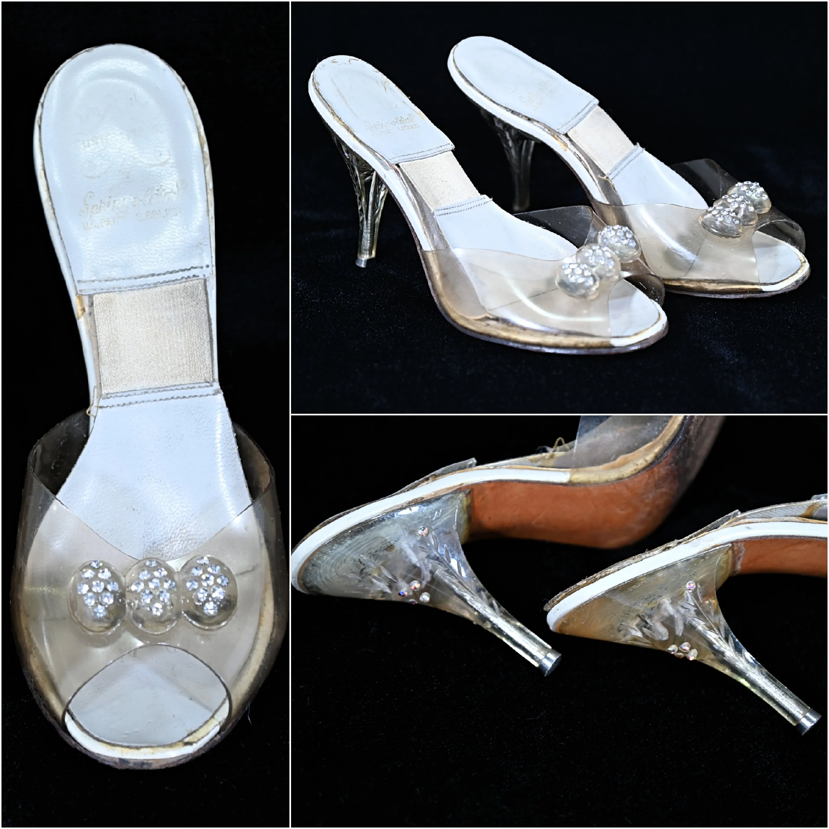 SOLD Vintage 50s Clear Vinyl & Rhinestone Carved Lucite Heels, Spring-o-lators Peep Toe Mules, Pin Up for Study