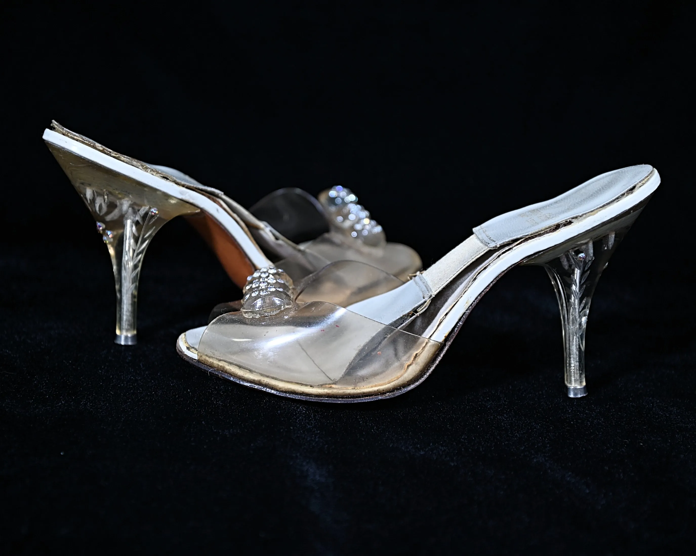 SOLD Vintage 50s Clear Vinyl & Rhinestone Carved Lucite Heels, Spring-o-lators Peep Toe Mules, Pin Up for Study