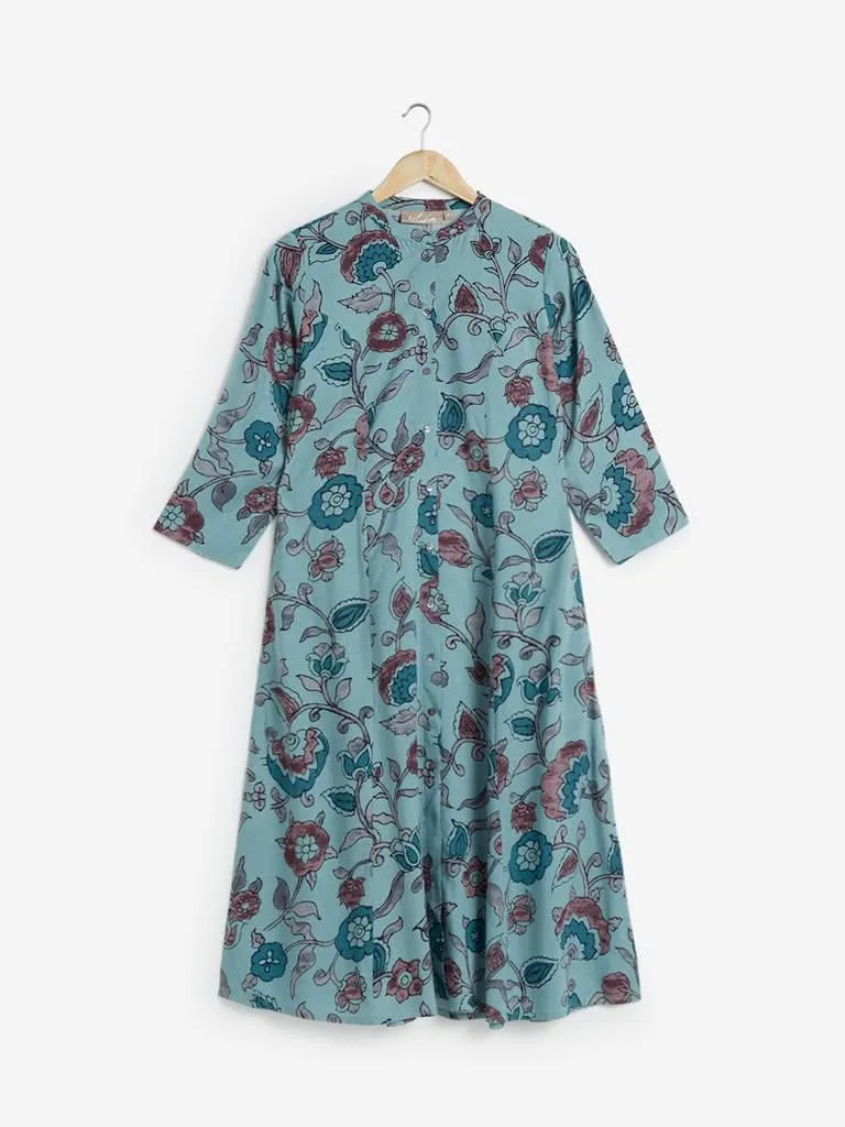 Utsa Blue Floral Patterned A-line Kurta