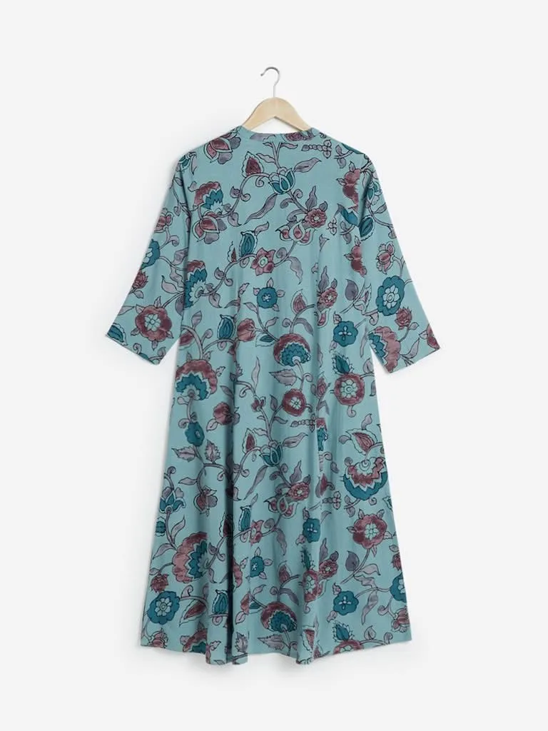 Utsa Blue Floral Patterned A-line Kurta