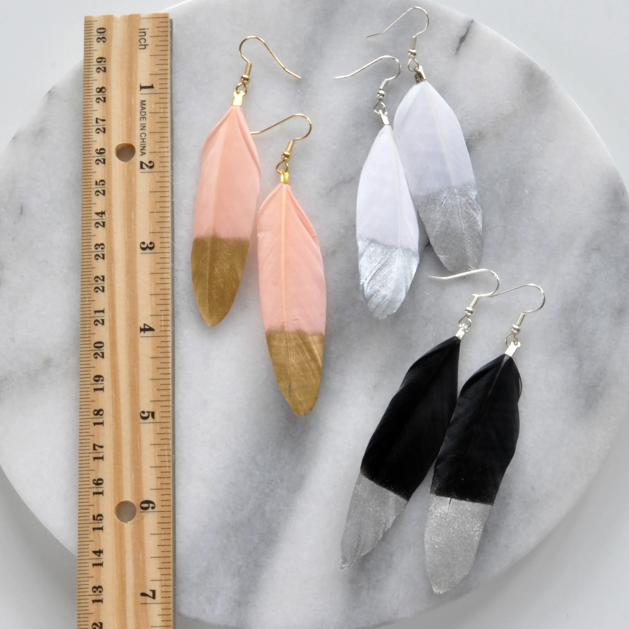 White and Silver 4 Feather Earrings