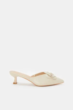 Women Beige Mule With Flower Trim