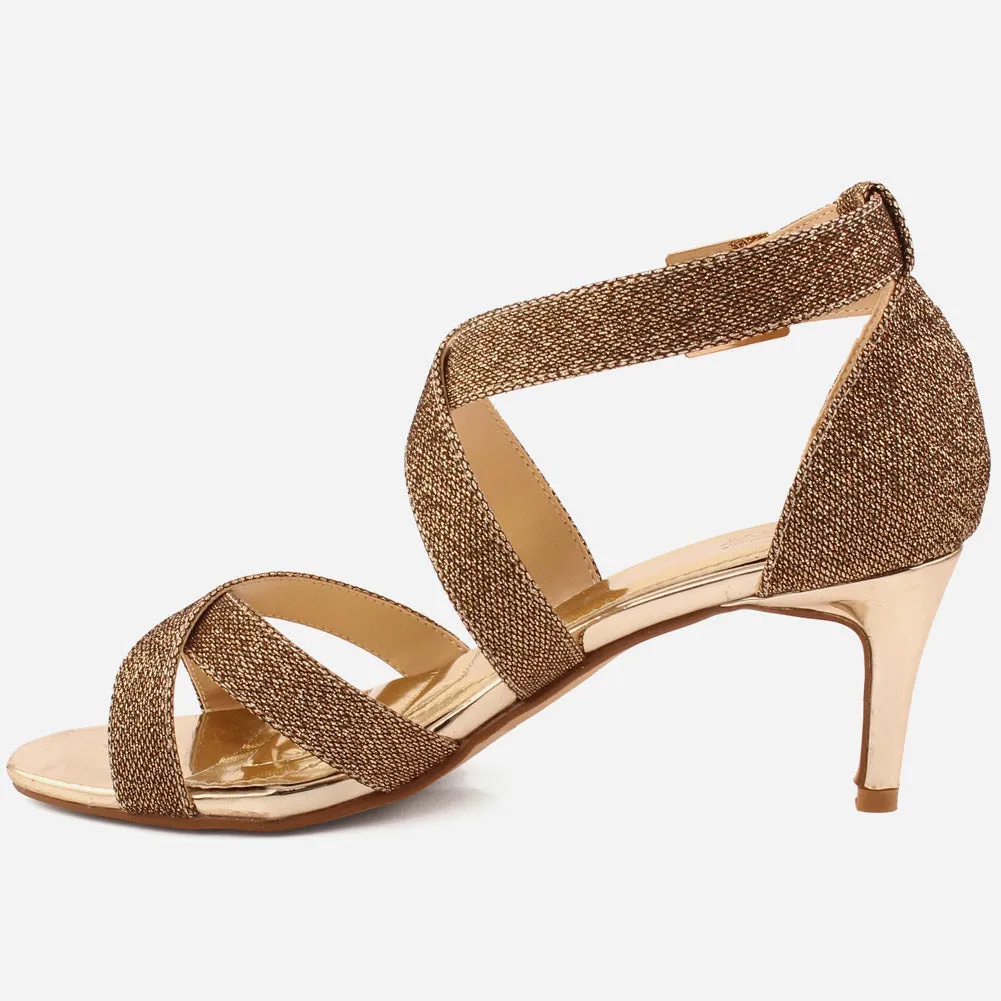 Women “GALILA” Cross Over Strap Peep Toe Shimmer Kitten Heel Sandals