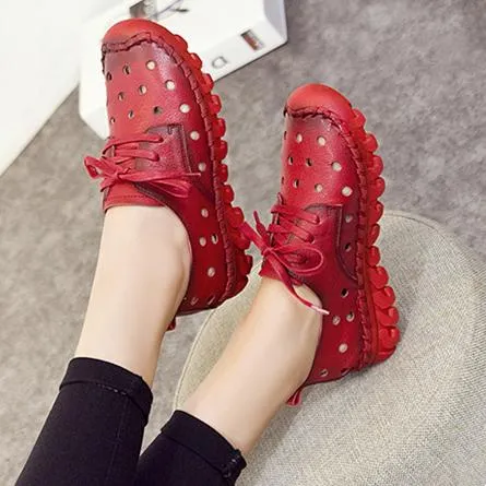 Women vintage lace up hollow breathable soft sole comfortable sandals