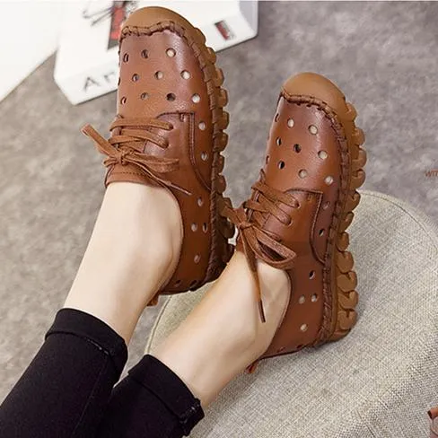 Women vintage lace up hollow breathable soft sole comfortable sandals