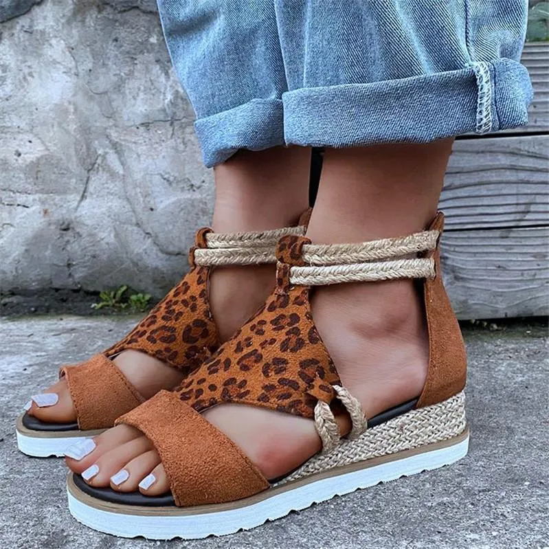 Women woven ankle strap back zipper peep toe espadrille sandals