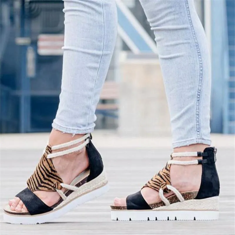 Women woven ankle strap back zipper peep toe espadrille sandals