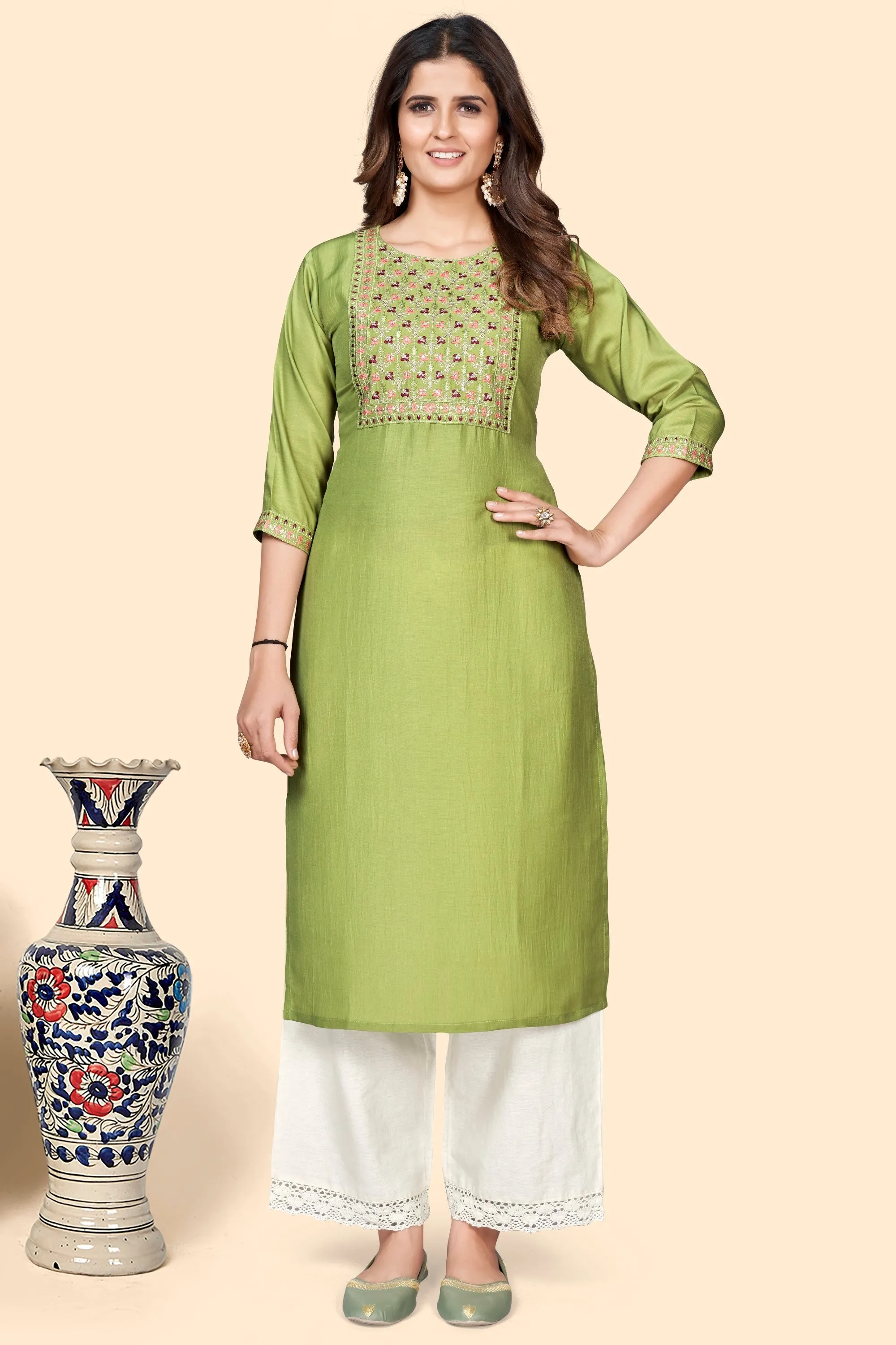 Women'S Embroidered Straight Chinon Pista  Stitched Kurta