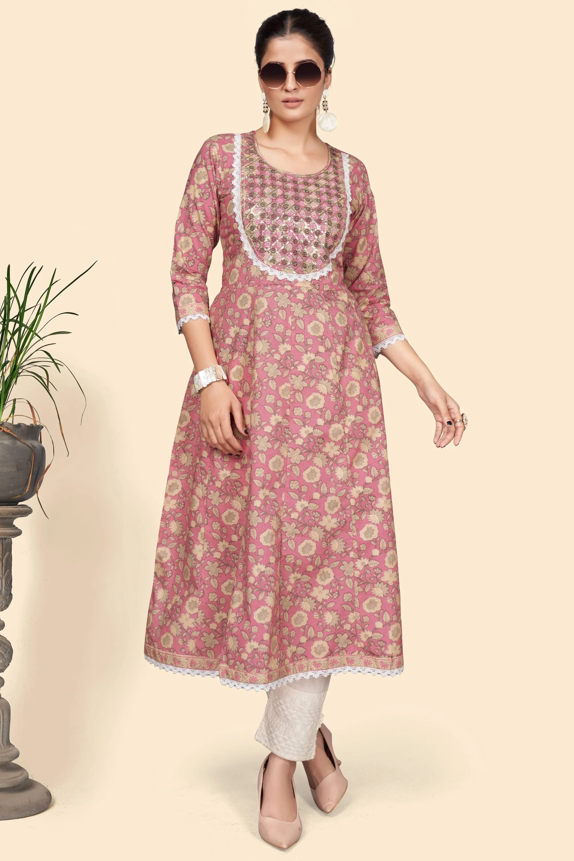 Women'S Print & Embroidered A-Line Cotton Pink Stitched Kurta