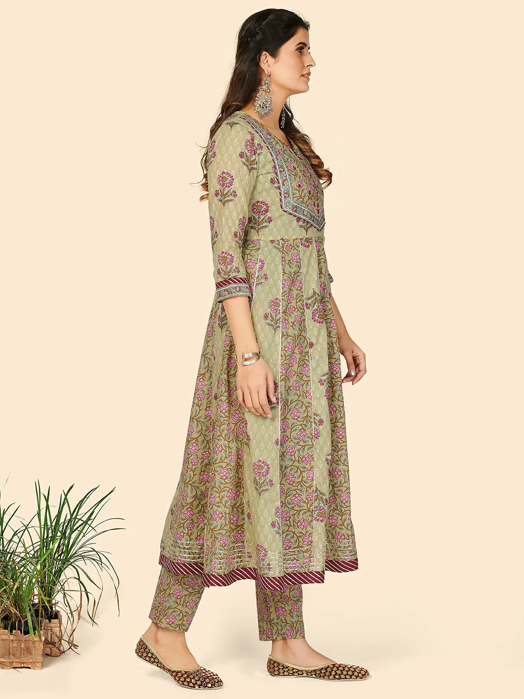 Women'S Print & Embroidered Anarkali Cotton Pista Stitched Kurta Pant With Dupatta