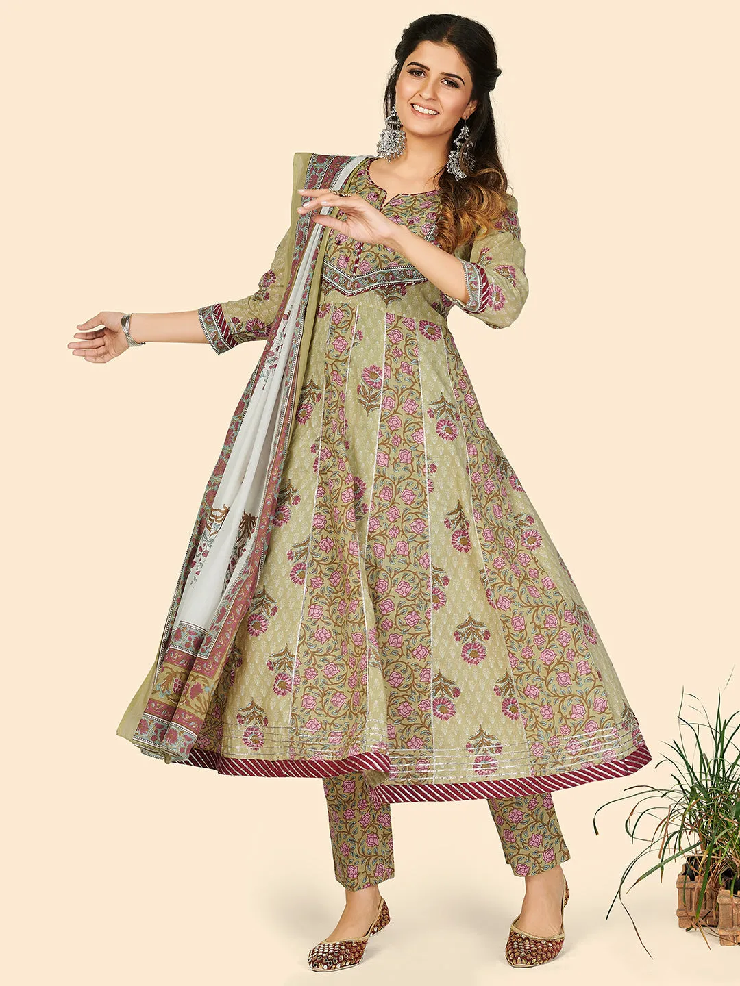 Women'S Print & Embroidered Anarkali Cotton Pista Stitched Kurta Pant With Dupatta