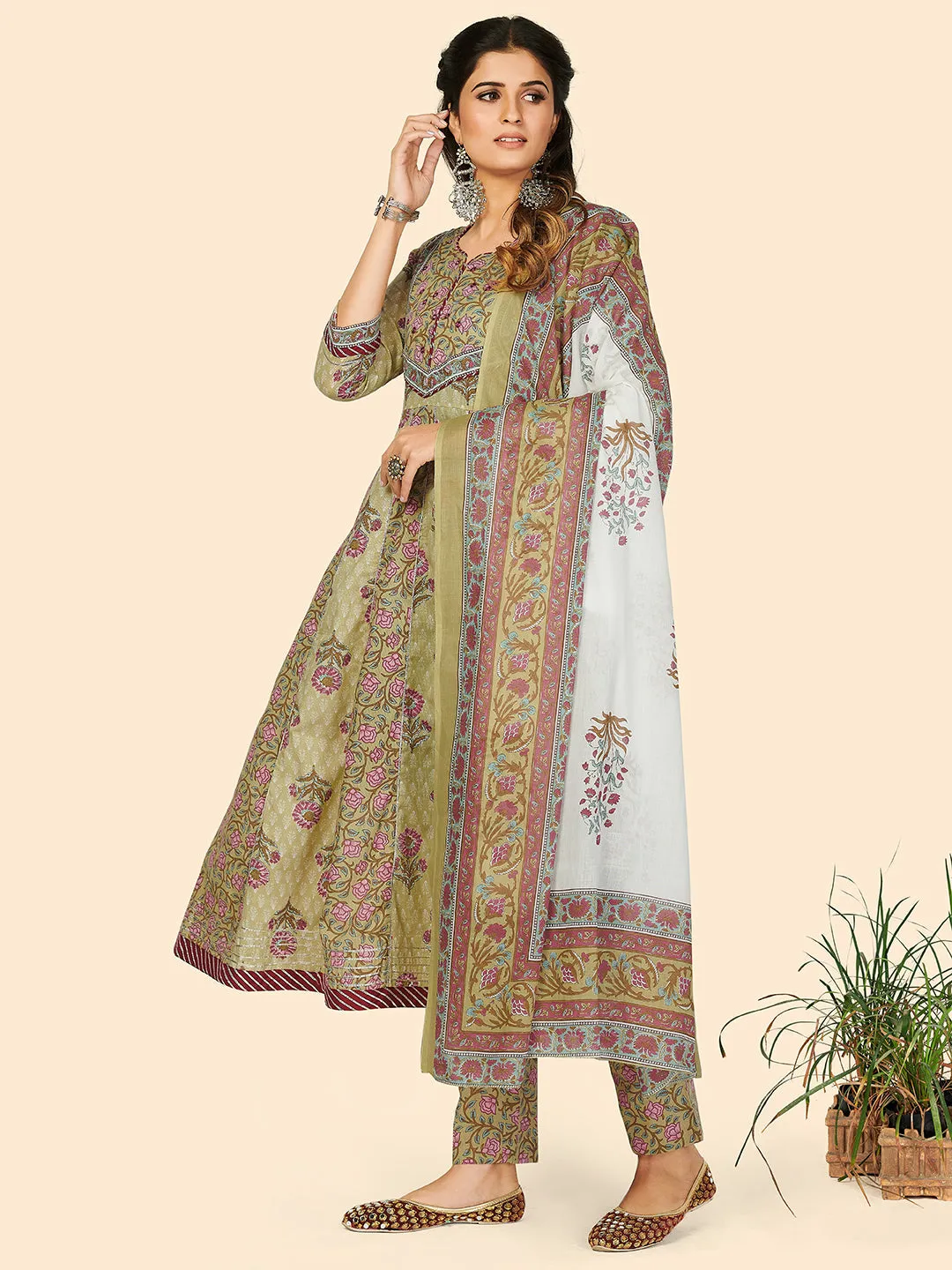 Women'S Print & Embroidered Anarkali Cotton Pista Stitched Kurta Pant With Dupatta