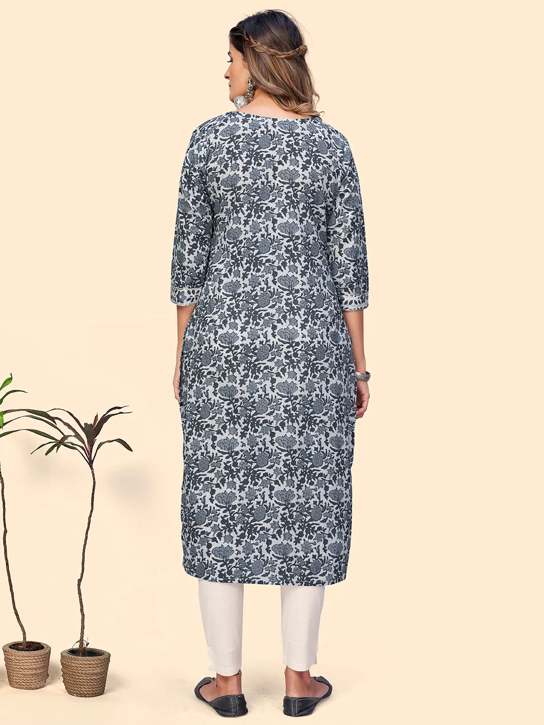 Women'S Print & Embroidered Straight Cotton Grey Stitched Kurta