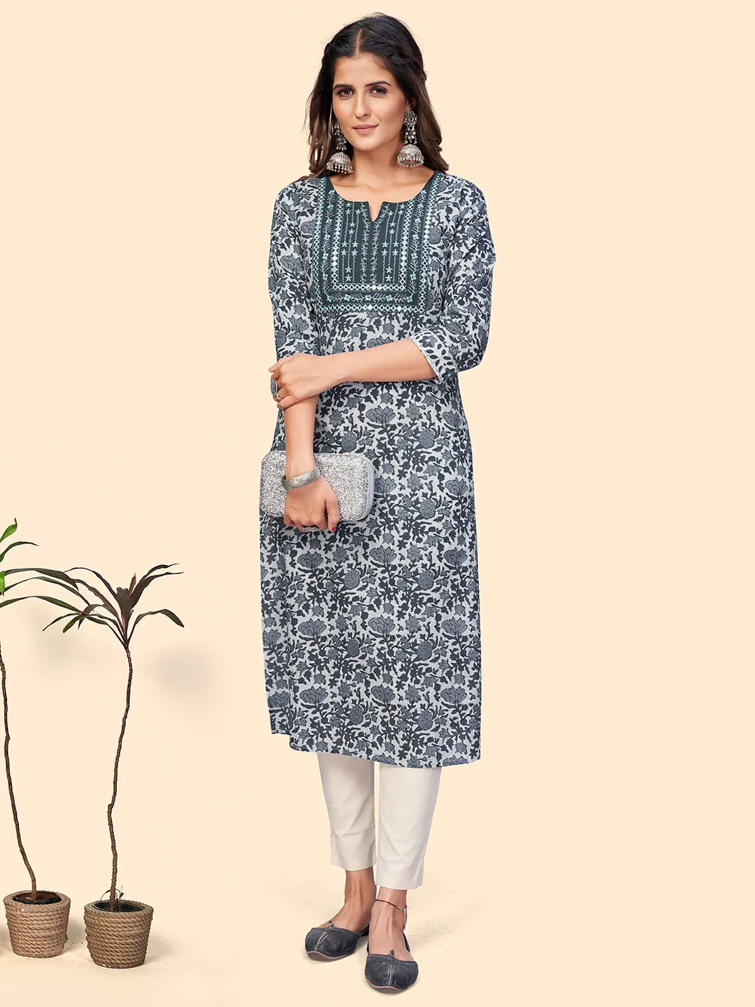 Women'S Print & Embroidered Straight Cotton Grey Stitched Kurta