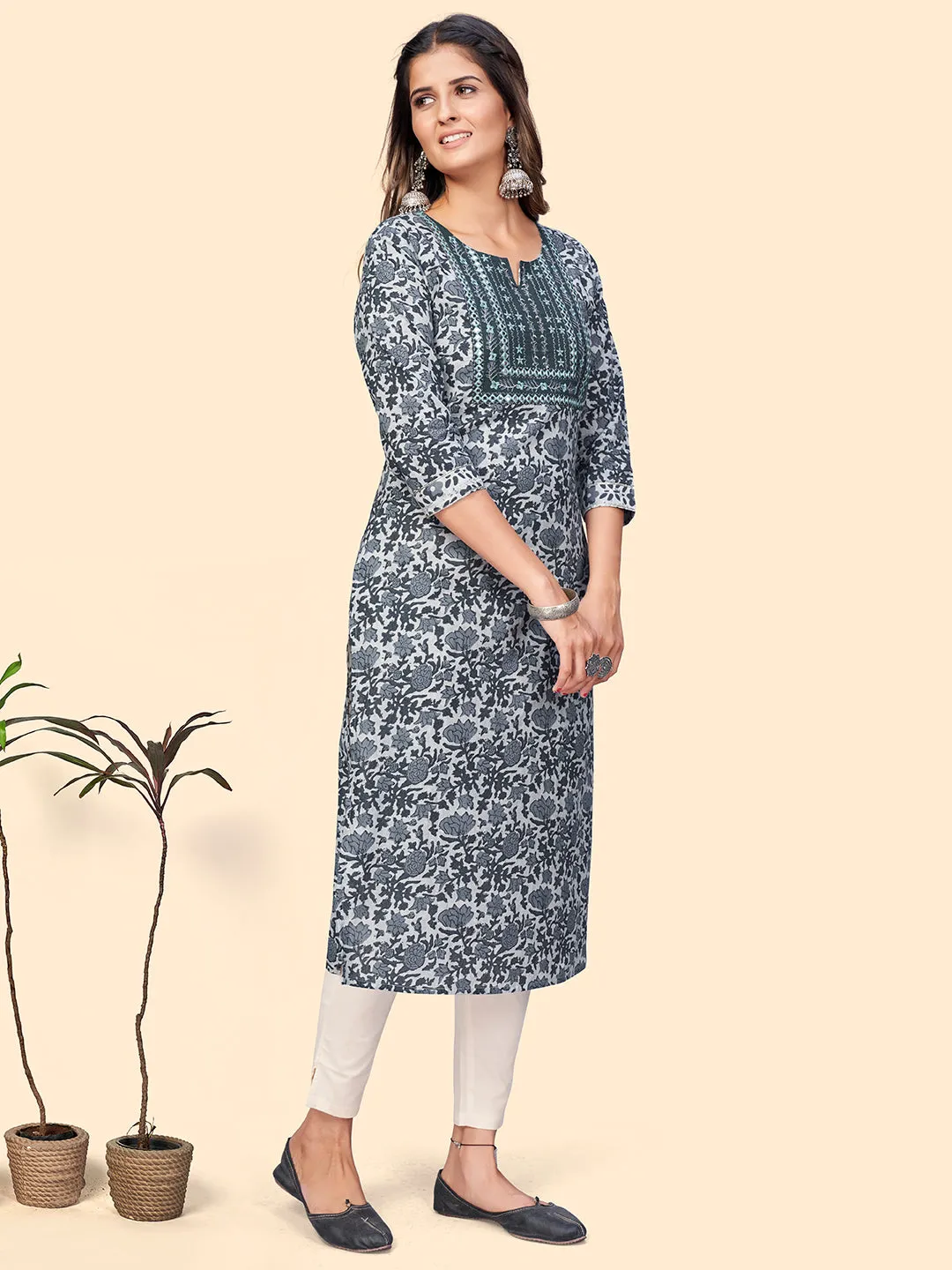 Women'S Print & Embroidered Straight Cotton Grey Stitched Kurta