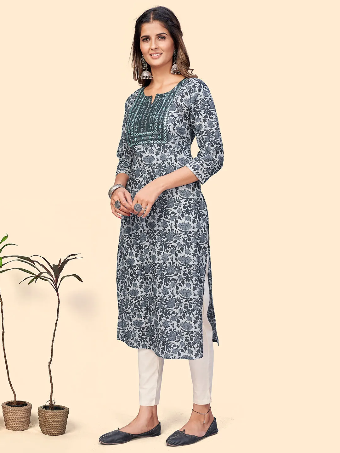 Women'S Print & Embroidered Straight Cotton Grey Stitched Kurta