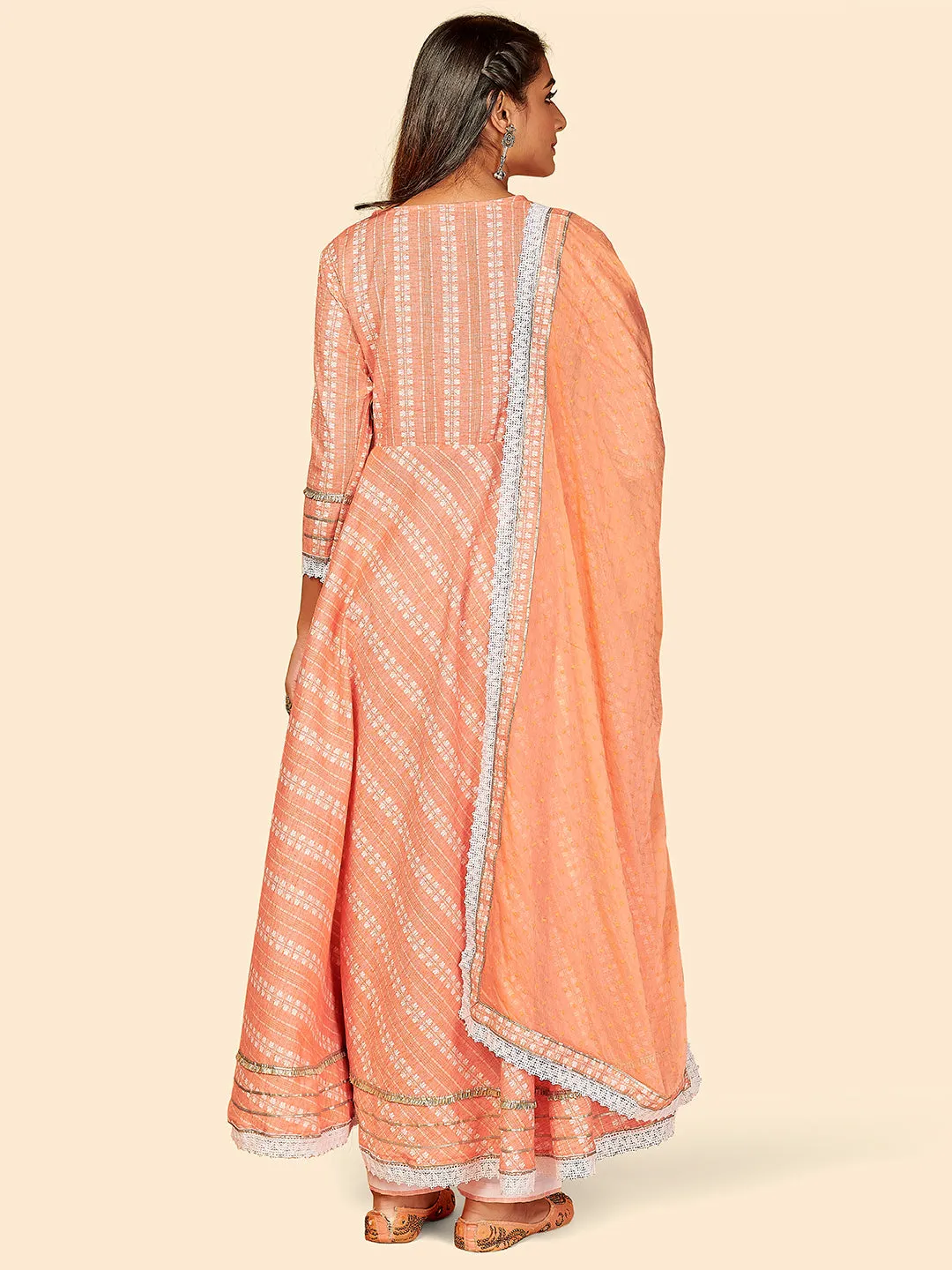 Women'S Printed & Hand Work Anarkali Yarn Dyed Orange Stitched Kurta Pant With Dupatta