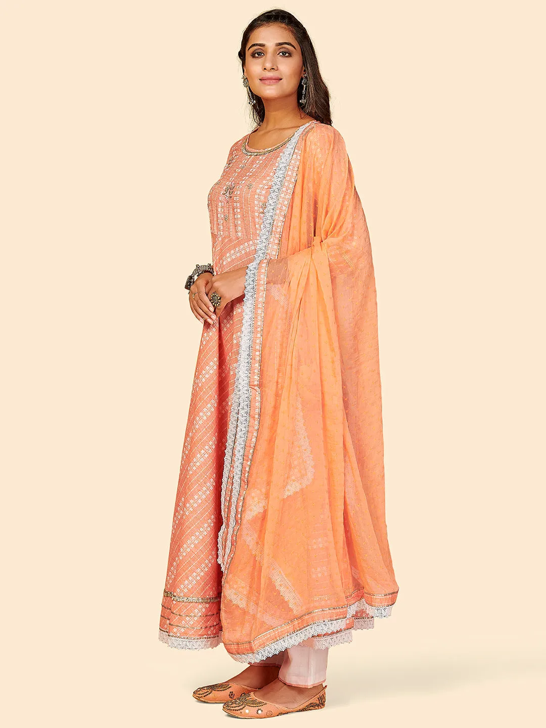 Women'S Printed & Hand Work Anarkali Yarn Dyed Orange Stitched Kurta Pant With Dupatta