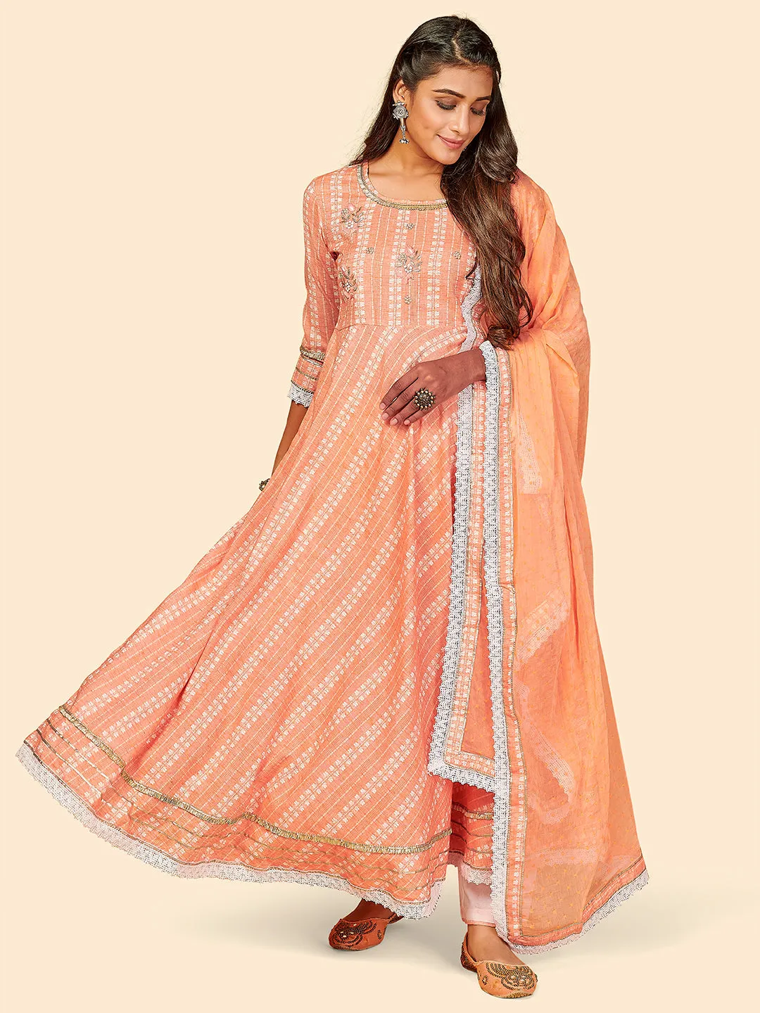 Women'S Printed & Hand Work Anarkali Yarn Dyed Orange Stitched Kurta Pant With Dupatta