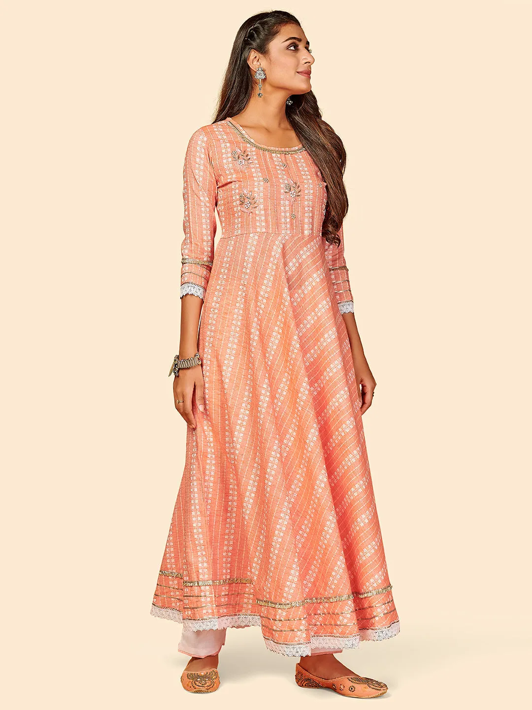 Women'S Printed & Hand Work Anarkali Yarn Dyed Orange Stitched Kurta Pant With Dupatta