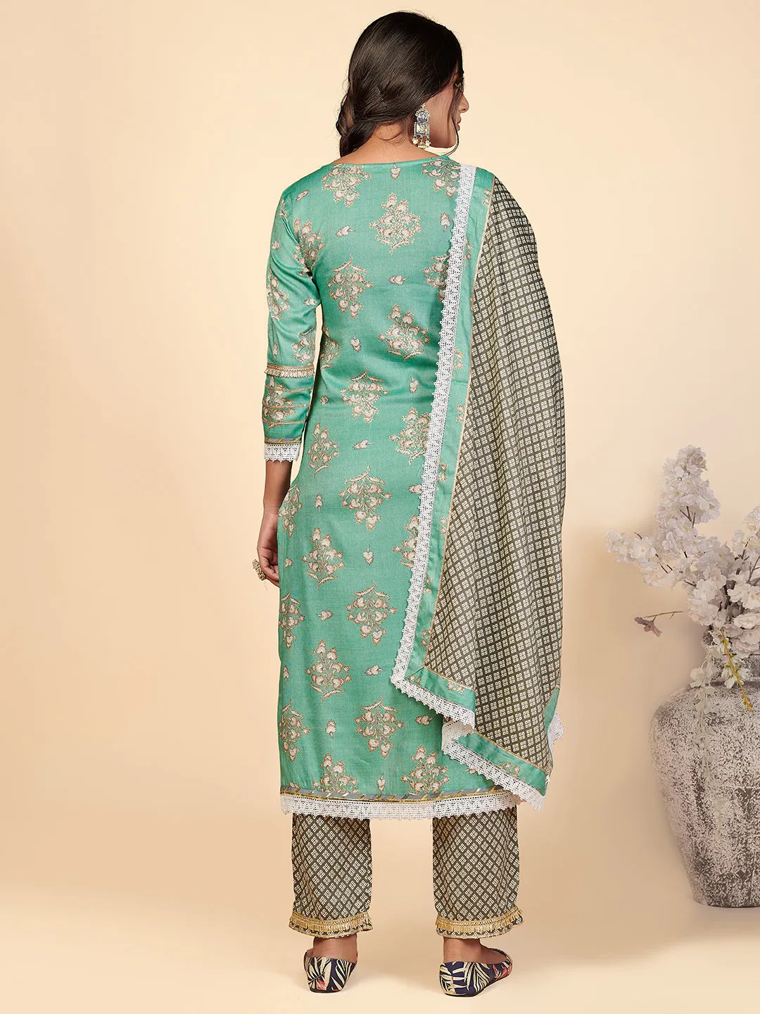 Women'S Printed & Lace Work Straight Rayon Turquoise Stitched Kurta Pant With Dupatta