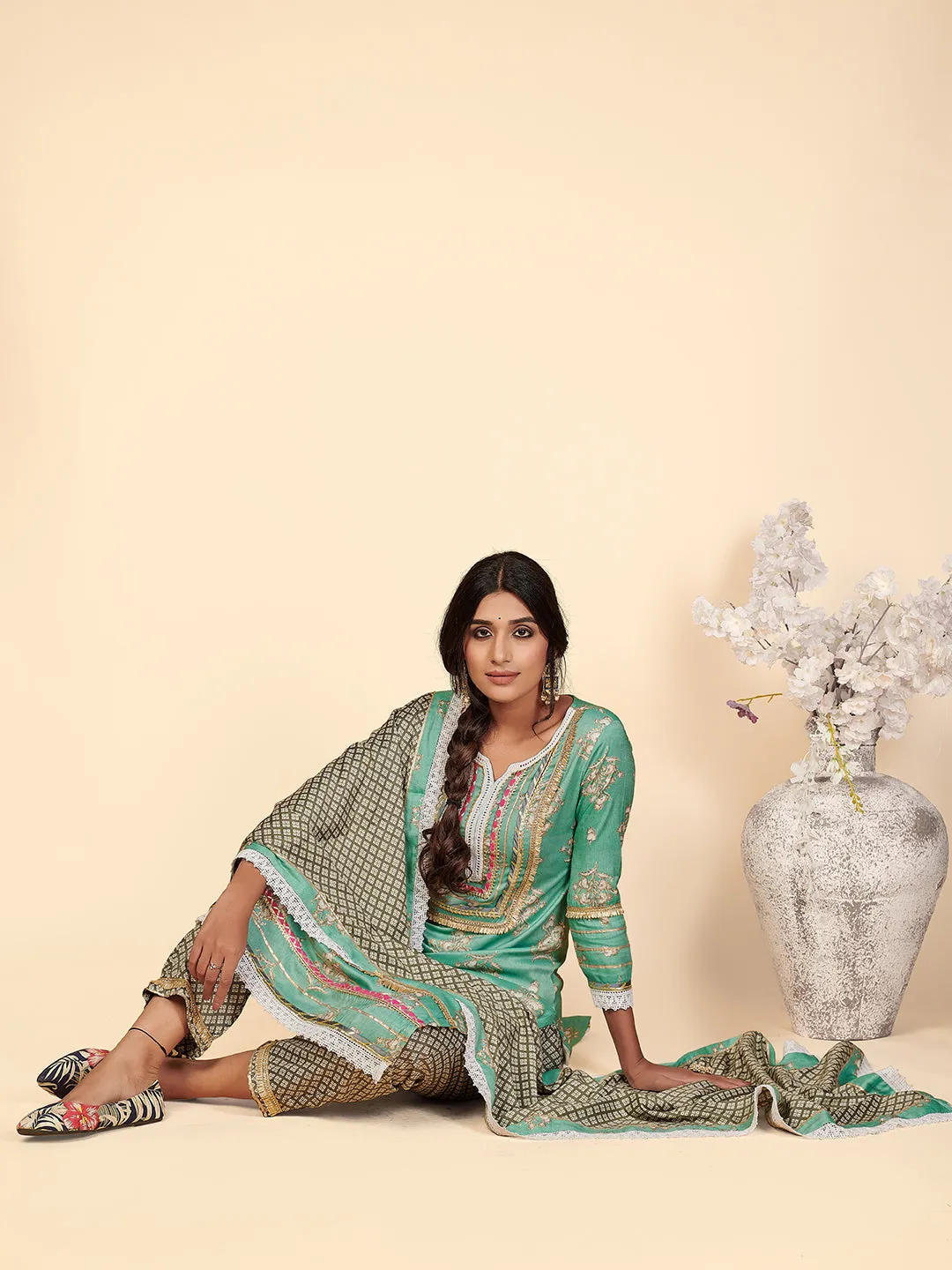 Women'S Printed & Lace Work Straight Rayon Turquoise Stitched Kurta Pant With Dupatta