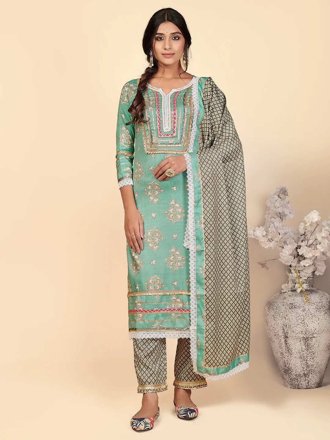 Women'S Printed & Lace Work Straight Rayon Turquoise Stitched Kurta Pant With Dupatta