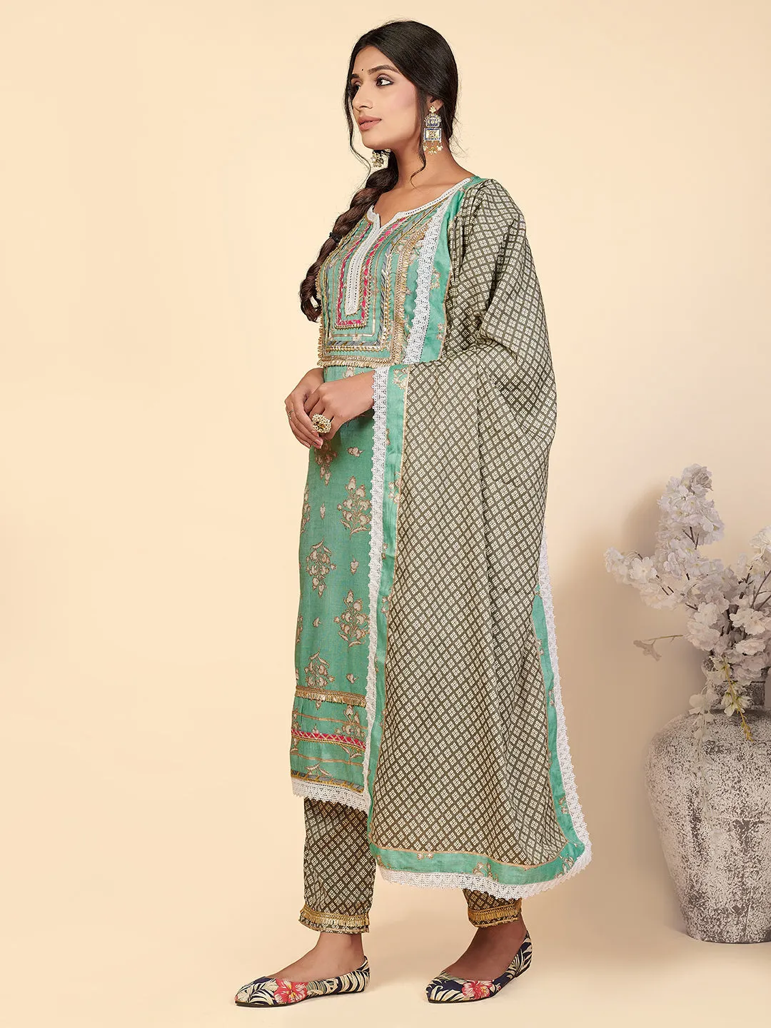 Women'S Printed & Lace Work Straight Rayon Turquoise Stitched Kurta Pant With Dupatta