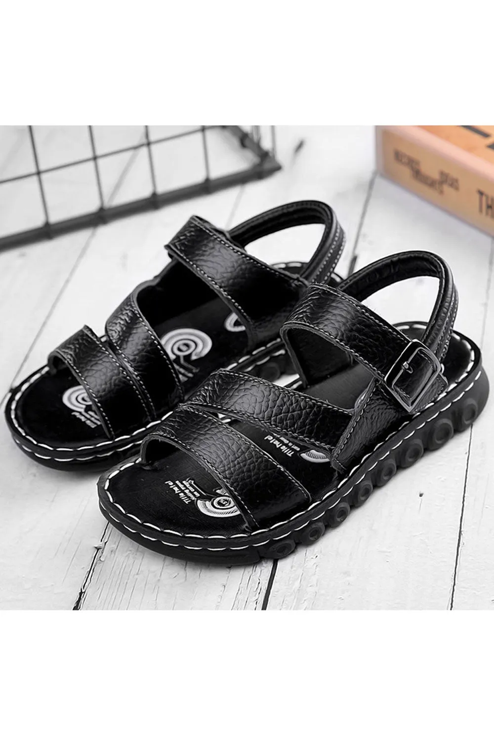 Youth Boys Flat Bottom Lightweight Strap Belt Solid Colored Sandals-YBSD108279