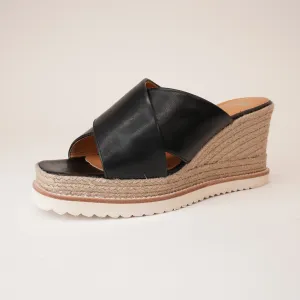 Zelie Black Leather Espadrille Wedges